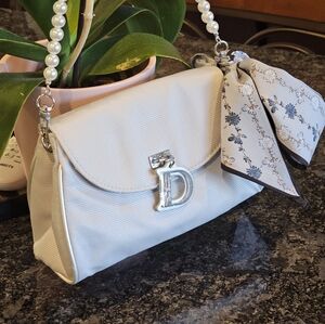 Christian Dior "D" Gray Folding Snap Clutch w/Faux Pearl Strap & Twilly Added